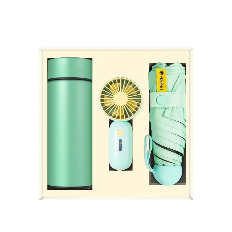 Custom High Quality Promotional Corporate portable umbrella and mini fan gift set