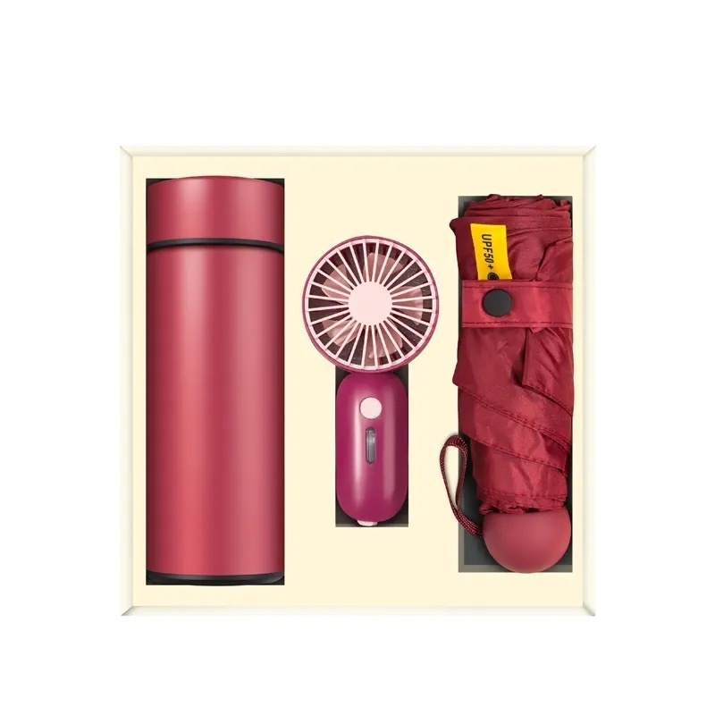 Custom High Quality Promotional Corporate portable umbrella and mini fan gift set