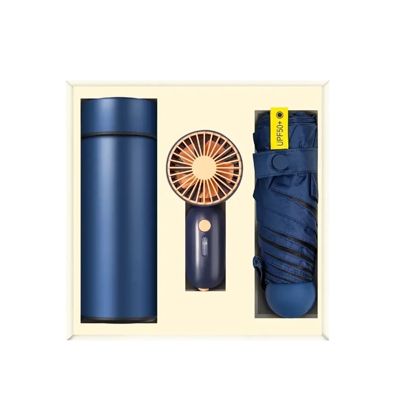 Custom High Quality Promotional Corporate portable umbrella and mini fan gift set