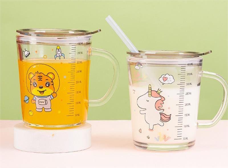 Popular Animals Pattern Cartoon Scale Milk Glass Water Children's Straw Handle Breakfast Thickened Cup With Lid