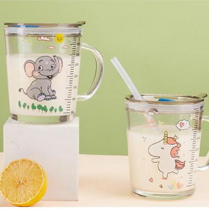 Popular Animals Pattern Cartoon Scale Milk Glass Water Children's Straw Handle Breakfast Thickened Cup With Lid