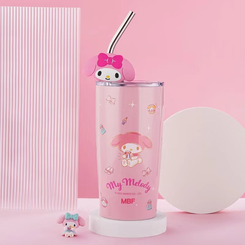 Sanrio Kawaii Kuromi Cup Accessories Stainless Steel  Hello Cat Water Bottle 600ml With Straw