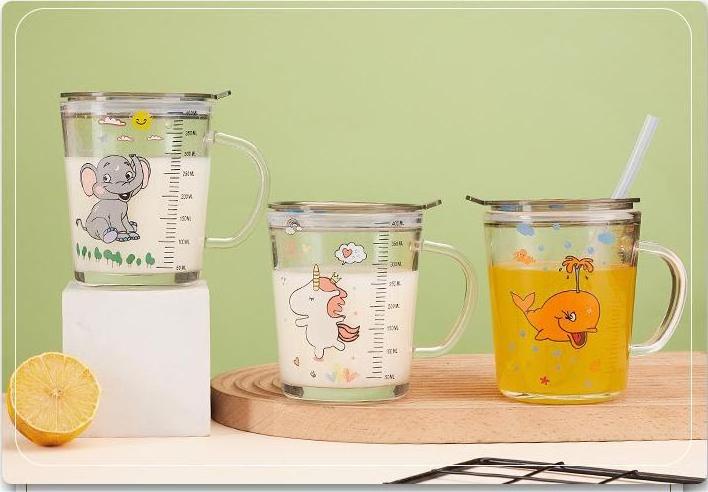 Popular Animals Pattern Cartoon Scale Milk Glass Water Children's Straw Handle Breakfast Thickened Cup With Lid