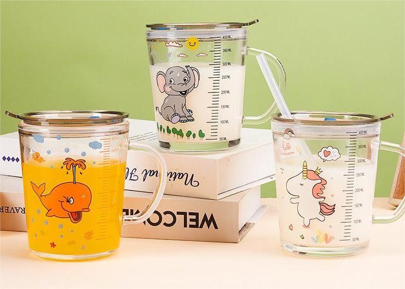 Popular Animals Pattern Cartoon Scale Milk Glass Water Children's Straw Handle Breakfast Thickened Cup With Lid