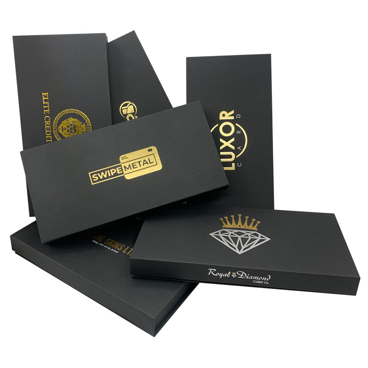 luxury custom brand printing metal credit card box gift package with gold foil and paper certificate for metal card