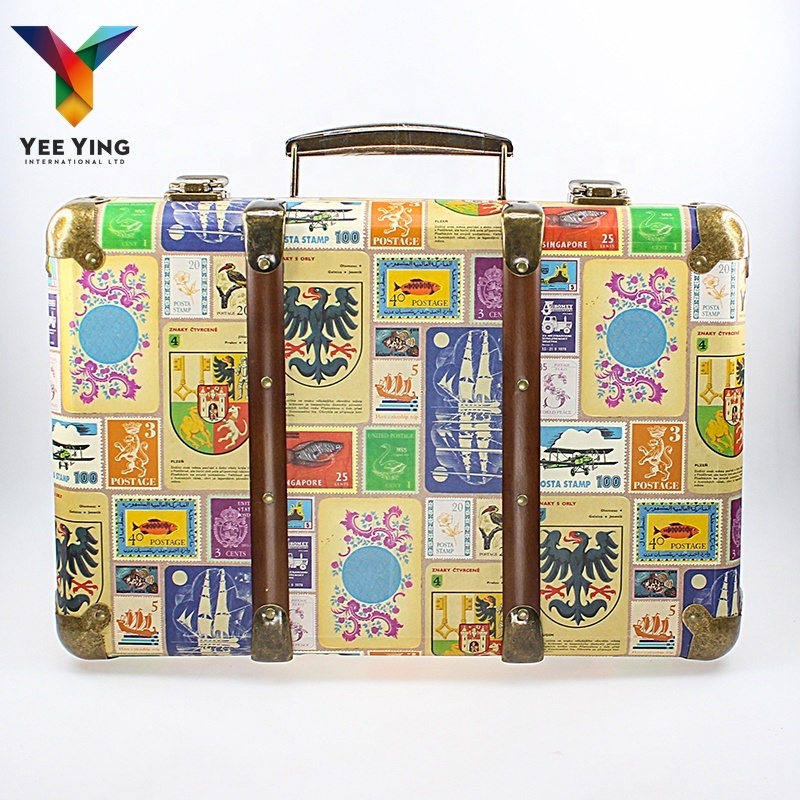 Vintage style paperboard box kids paper suitcase toy paperboard suitcase cardboard paper suitcase with wooden bars