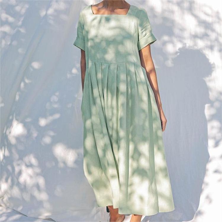 Customize Free Size High Quality Solid Short Sleeve Square Collar Loose Maxi Long Summer Linen Cotton Women's Dress With Pockets