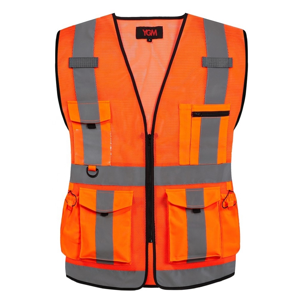 Hi Vis Orange Mesh Construction Safety Vests Reflective Security Vest Multi Pockets Work Wear