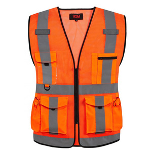 Hi Vis Orange Mesh Construction Safety Vests Reflective Security Vest Multi Pockets Work Wear