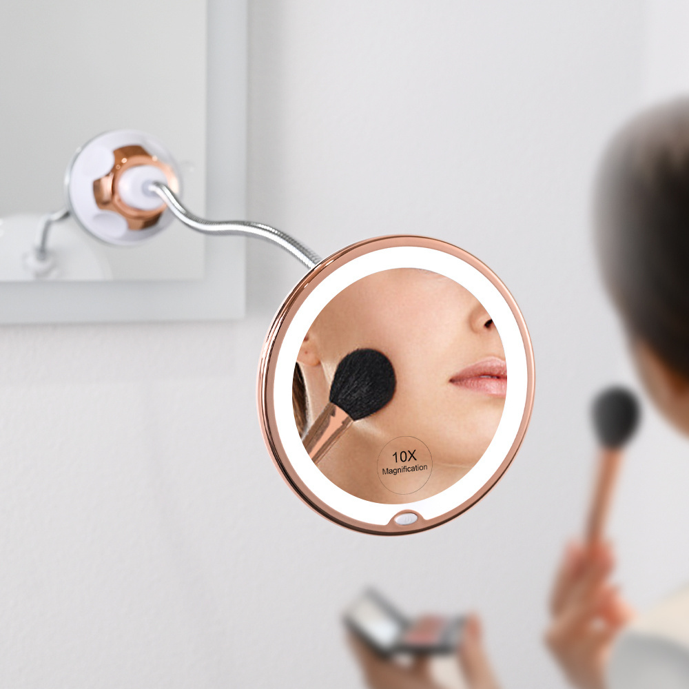 Portable Powerful Suction Cup Rose Gold 10X Magnifying Flexible Gooseneck Mirror With Light