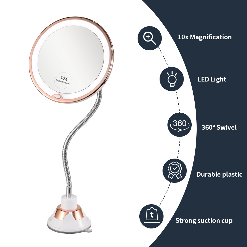 Portable Powerful Suction Cup Rose Gold 10X Magnifying Flexible Gooseneck Mirror With Light