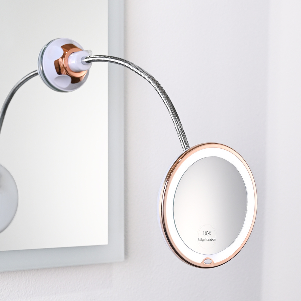 Portable Powerful Suction Cup Rose Gold 10X Magnifying Flexible Gooseneck Mirror With Light