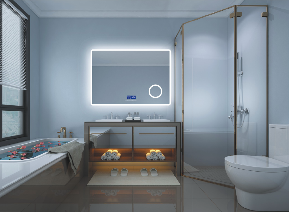 magnifying mirror with led light stick on wall for makeup in bathroom