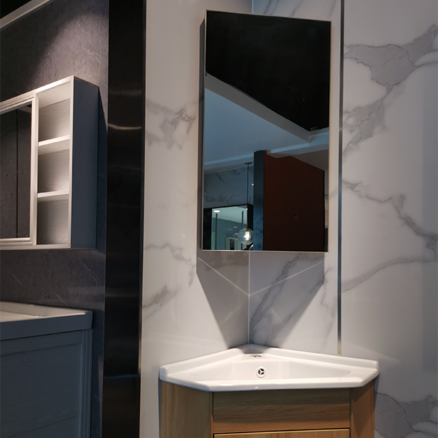 Modern Right Angle Bathroom Vanity Sink Included with Automatic Soft Closing Hinge for Makeup Use  Plywood Mirror Cabinet