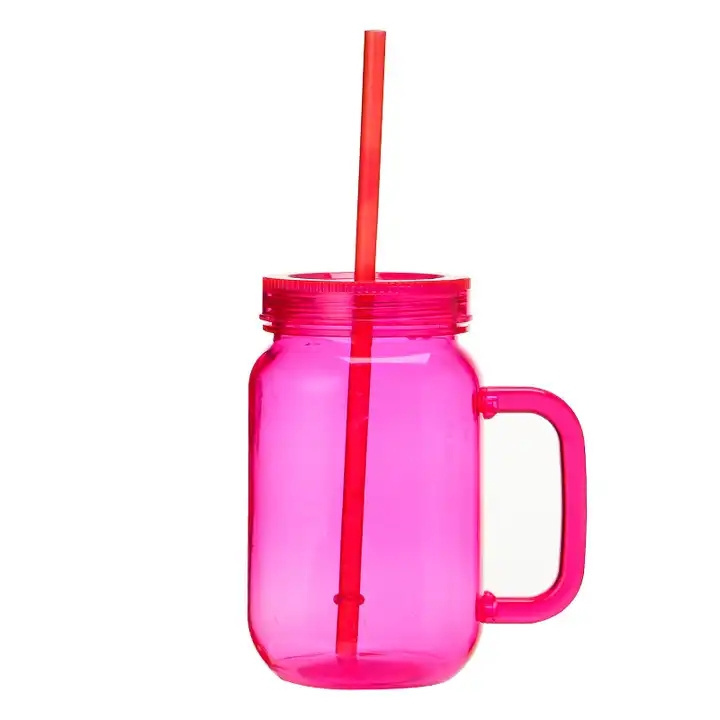 New Product 20oz Acrylic Iced Coffee Mason Jar Drinking Bottles Mug with Handle and Straw Milk Plastic Cup Tumbler Mugs with Lid