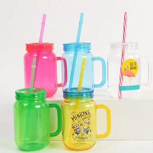 New Product 20oz Acrylic Iced Coffee Mason Jar Drinking Bottles Mug with Handle and Straw Milk Plastic Cup Tumbler Mugs with Lid