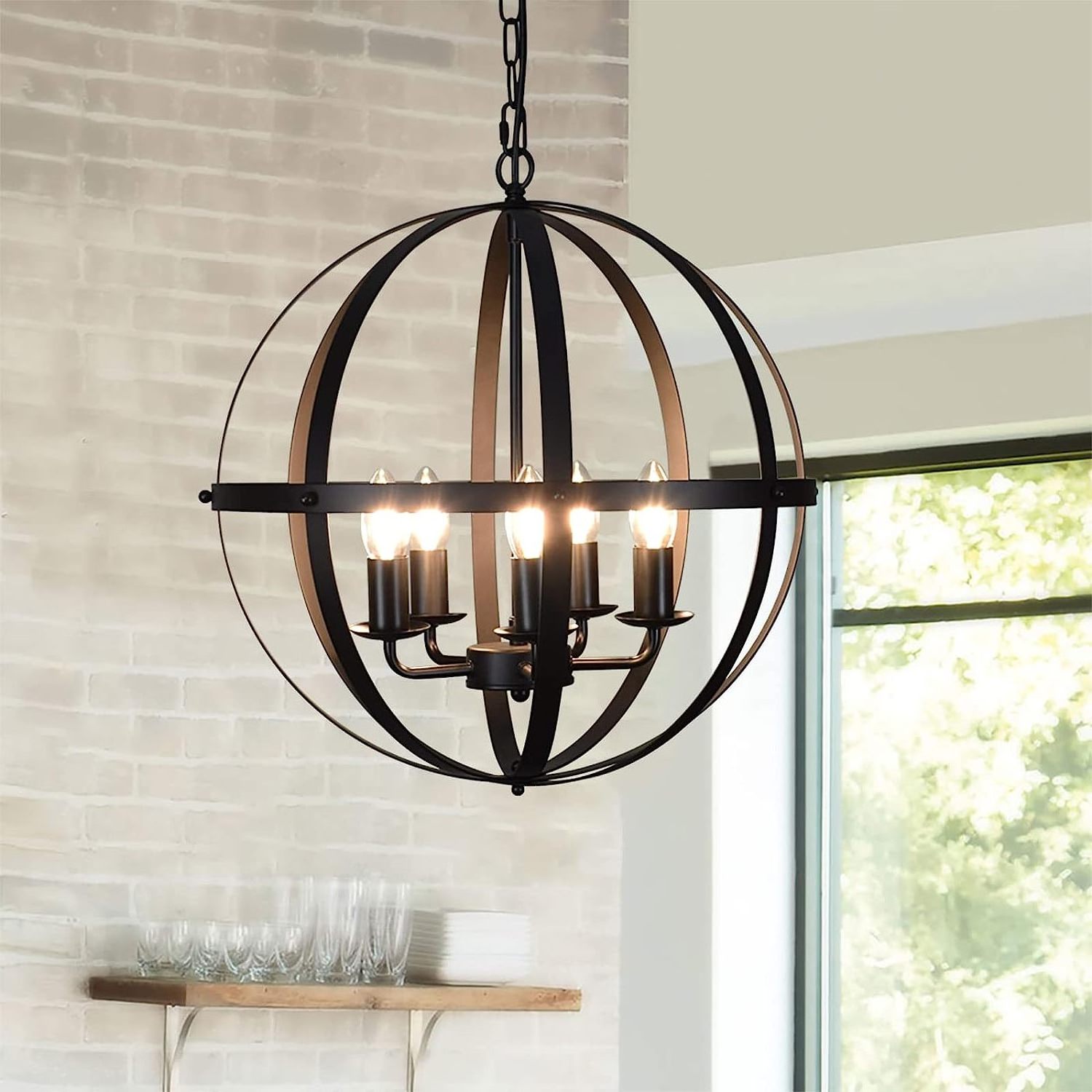 Pendant Light Metal Globe Pendant Lighting, Adjustable Hanging Ceiling Chandelier Light Flush Mount for Hallway Entryway