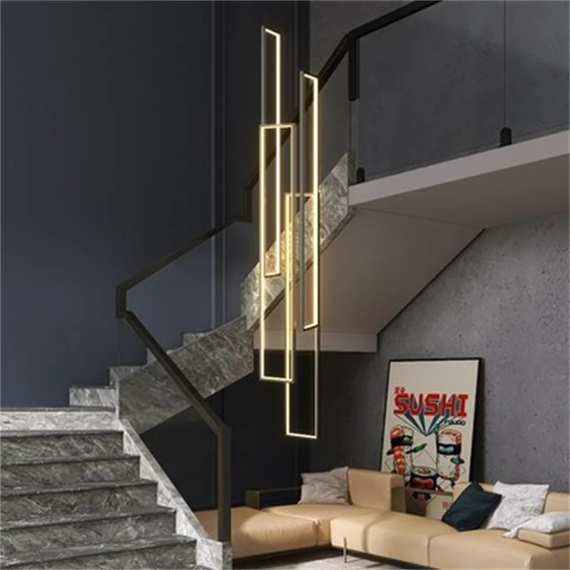 Modern Black Staircase Aluminum Rectangular Ceiling Chandelier Duplex Floor High-rise Living Room Chandelier Long LED Line Light