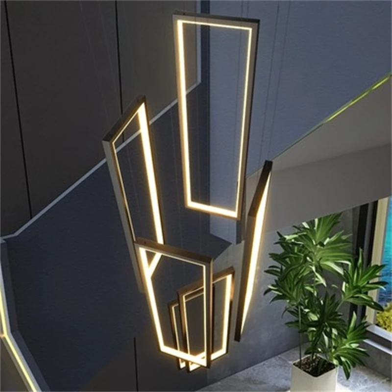 Modern Black Staircase Aluminum Rectangular Ceiling Chandelier Duplex Floor High-rise Living Room Chandelier Long LED Line Light