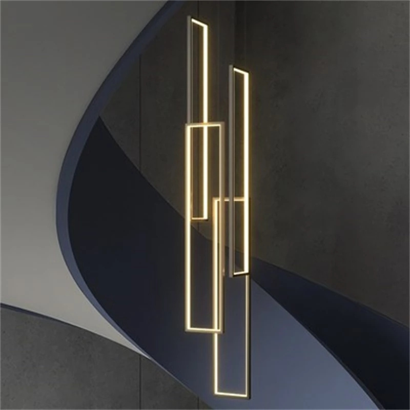 Modern Black Staircase Aluminum Rectangular Ceiling Chandelier Duplex Floor High-rise Living Room Chandelier Long LED Line Light