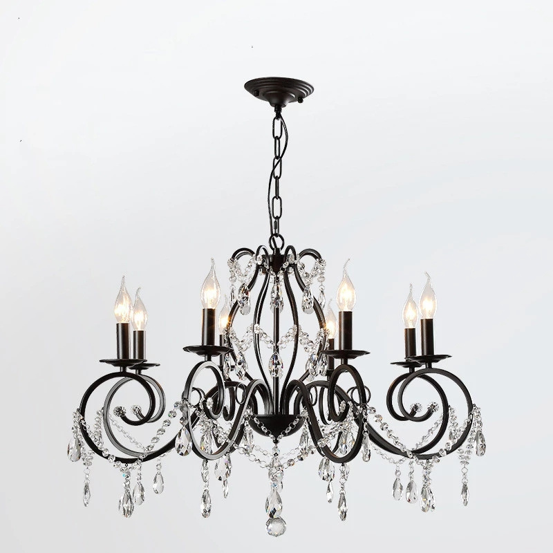 European Classic Chandelier Wrought Iron Crystal Lamp Dining Room Kitchen Black Industrial Loft Chandeliers Lighting Fixtures