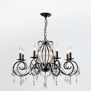 European Classic Chandelier Wrought Iron Crystal Lamp Dining Room Kitchen Black Industrial Loft Chandeliers Lighting Fixtures