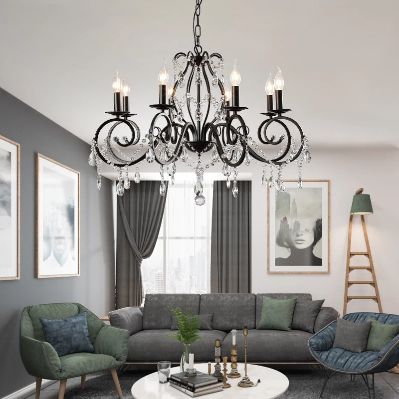 European Classic Chandelier Wrought Iron Crystal Lamp Dining Room Kitchen Black Industrial Loft Chandeliers Lighting Fixtures