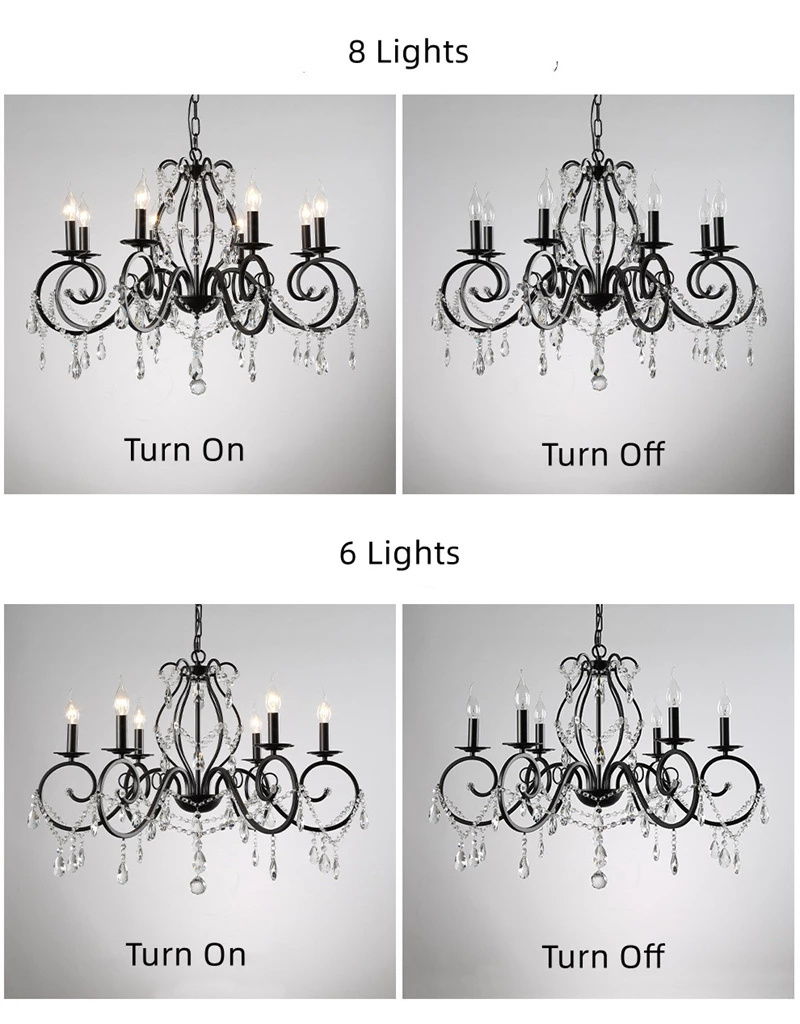 European Classic Chandelier Wrought Iron Crystal Lamp Dining Room Kitchen Black Industrial Loft Chandeliers Lighting Fixtures