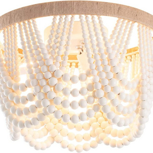 Bohemia Wood Beaded Flush Mount Ceiling Light Antique Rustic Mini Chandelier White Finishing for Bedroom,Nursery Room, Girl Room