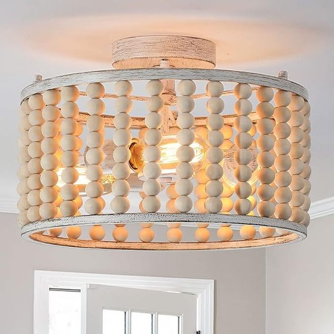 Maxlight Wood Bead Boho Chandelier Semi Flush Mount Ceiling Light Farmhouse for Kitchen Bedroom Living Dining Chandelier