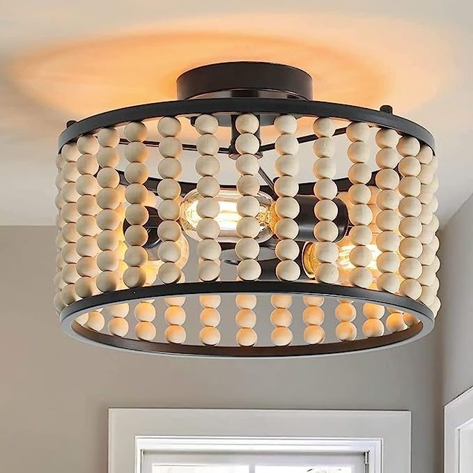 Maxlight Wood Bead Boho Chandelier Semi Flush Mount Ceiling Light Farmhouse for Kitchen Bedroom Living Dining Chandelier