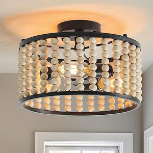 Maxlight Wood Bead Boho Chandelier Semi Flush Mount Ceiling Light Farmhouse for Kitchen Bedroom Living Dining Chandelier