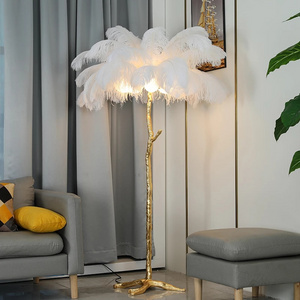 Modern Design Plam tree Shape Pink White Ostrich Feathers Floor Lamp Gold Standing Lighting Fixture for Living Room Bedroom Home