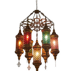 Industrial Loft Retro Bronze Iron Chandelier Turkish Lamp Southeast Asian Restaurant Bar Hotel Colorful Glass Lighting Fixture