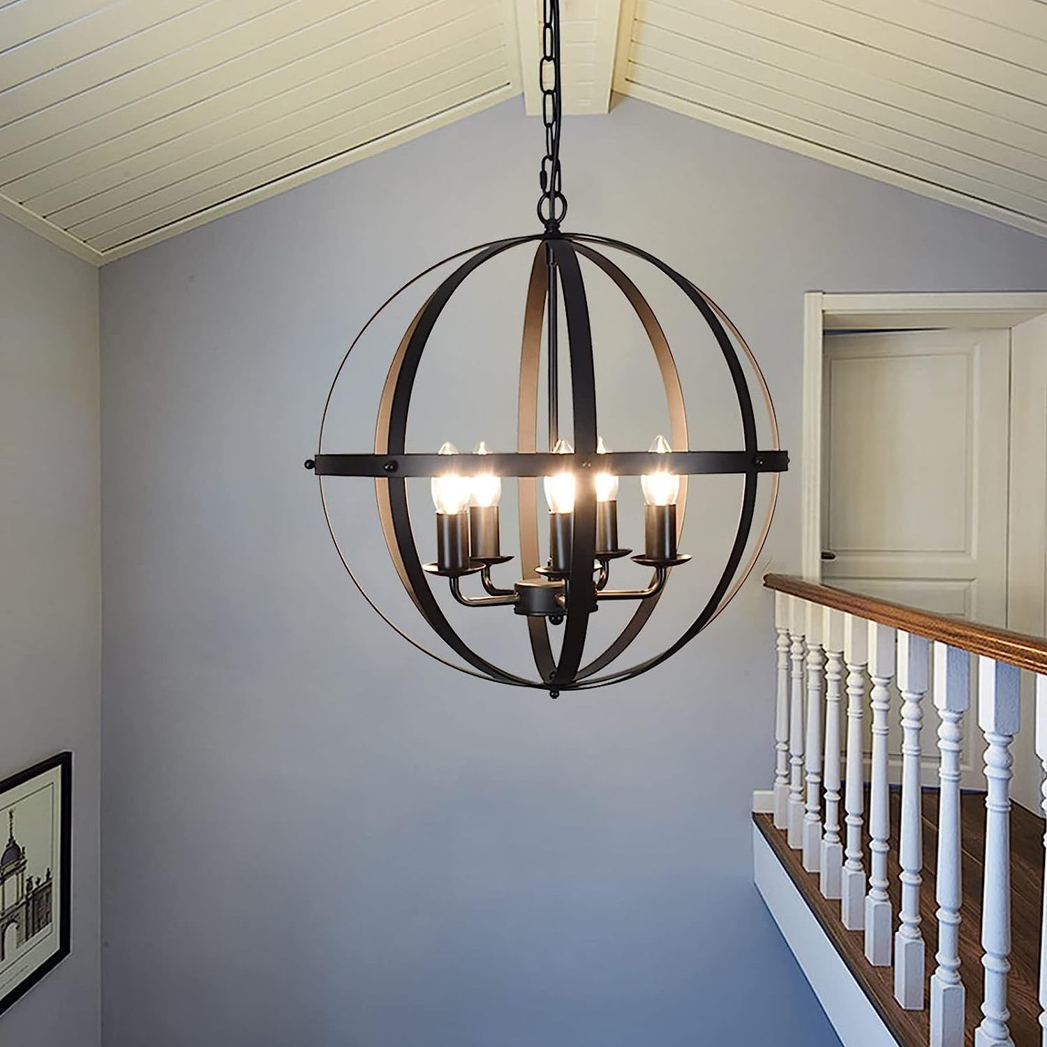 Pendant Light Metal Globe Pendant Lighting, Adjustable Hanging Ceiling Chandelier Light Flush Mount for Hallway Entryway