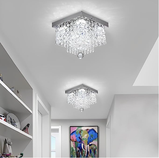 Modern Crystal Chandeliers Flush Mount Ceiling Light Lamp Square Flush Mount Ceiling Light Fixture for Bedroom Dinning Living