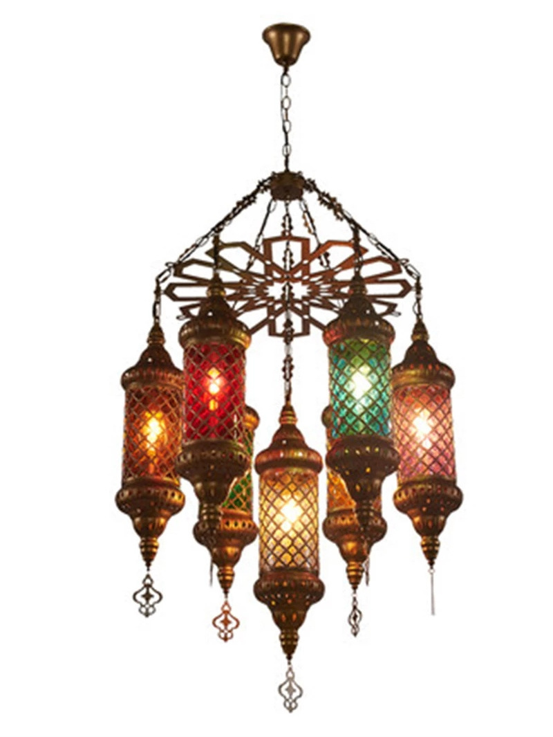 Industrial Loft Retro Bronze Iron Chandelier Turkish Lamp Southeast Asian Restaurant Bar Hotel Colorful Glass Lighting Fixture