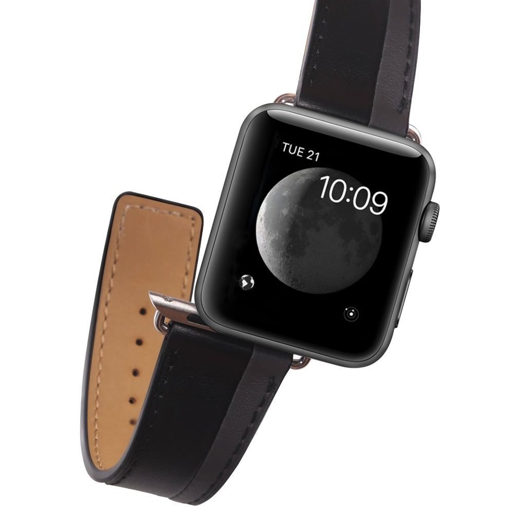 Contrast color hydrophobic and soiled resistance genuine calfskin leather metal buckle band strap for apple watch