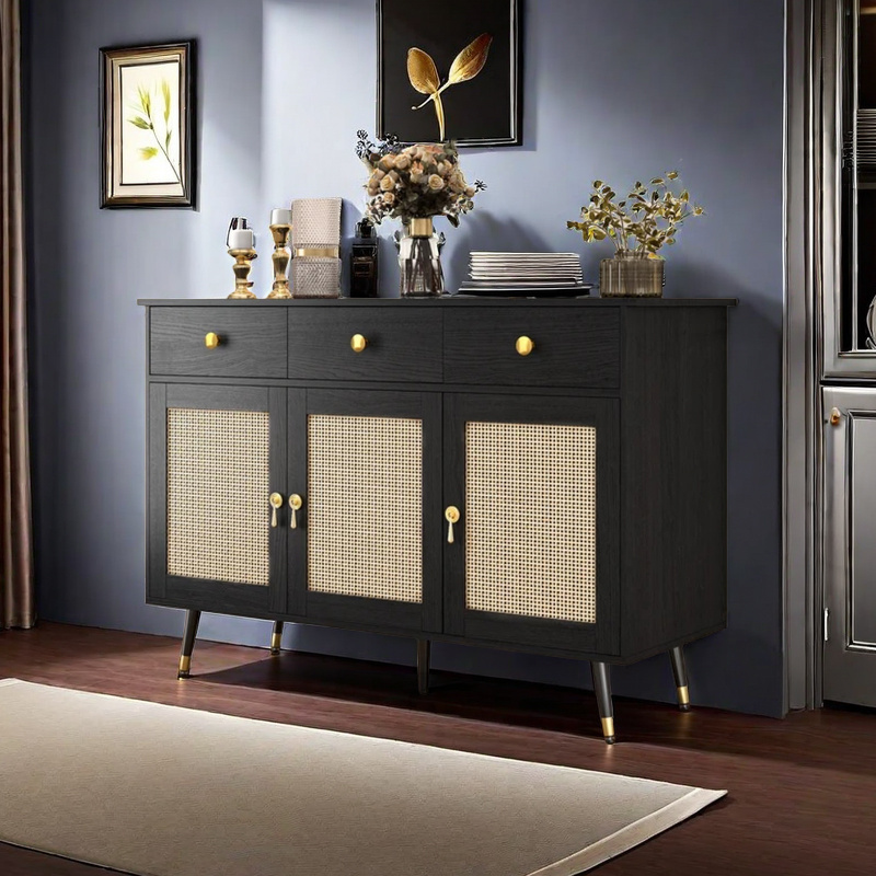 Black Sideboard Storage Cabinet with Drawers, Credenzas and Sideboards Cabinet Accent Cabinet for Living Room, Black