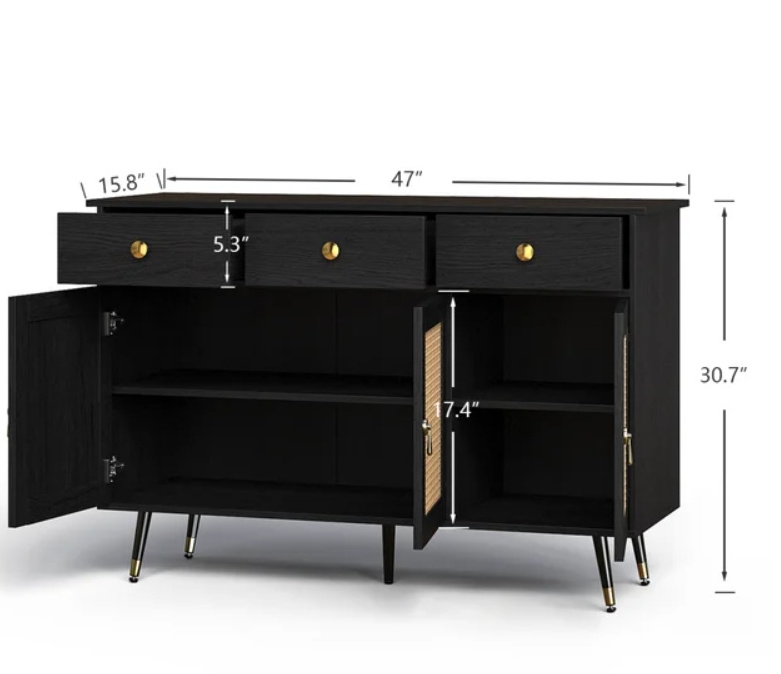 Black Sideboard Storage Cabinet with Drawers, Credenzas and Sideboards Cabinet Accent Cabinet for Living Room, Black