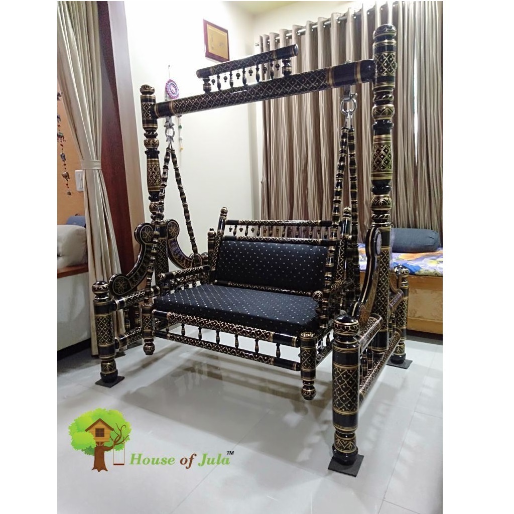 Brown Indian Wooden Carved Wooden Swing Jhoola Royal Antique Design Wooden Swing Jhoola Traditional Antique Polished Elegant Roy