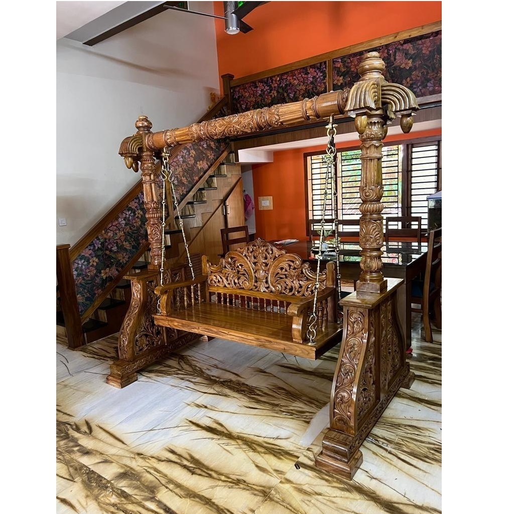 Brown Indian Wooden Carved Wooden Swing Jhoola Royal Antique Design Wooden Swing Jhoola Traditional Antique Polished Elegant Roy