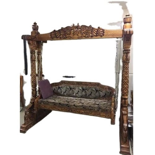 Teak Wood Indoor Carved Wooden Swing Jhoola Royal Antique Design Wooden Swing Jhoola Traditional Antique Polished Elegant Royal