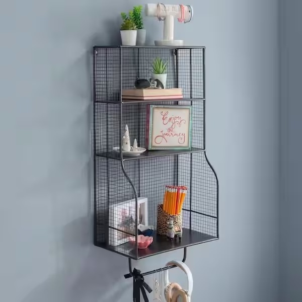 Indian Metal Wire Wall Shelf With Black Powder Coating Finishes High Quality With Three Tiers For Storage at Wholesale indian