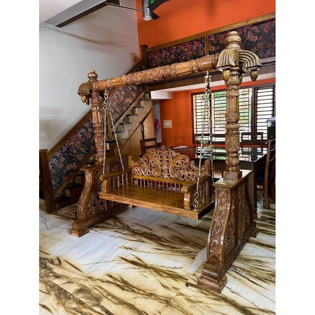 Living Room Teak Carved Wooden Swing Jhoola Royal Antique Design Wooden Swing Jhoola Traditional Antique Polished Elegant Royal