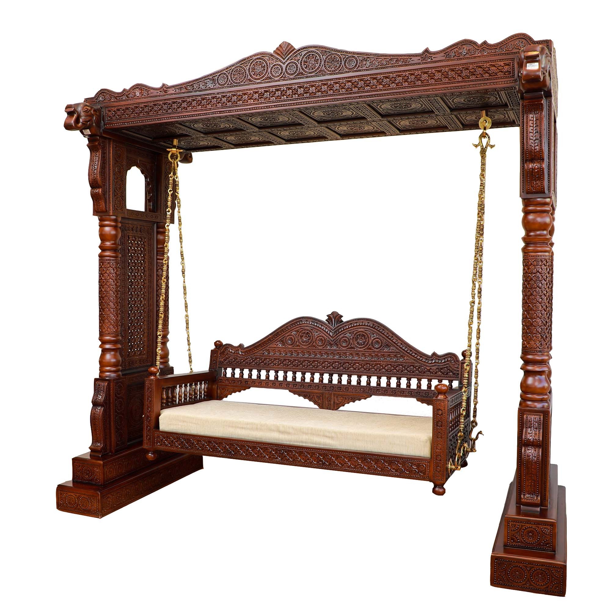 Living Room Teak Carved Wooden Swing Jhoola Royal Antique Design Wooden Swing Jhoola Traditional Antique Polished Elegant Royal