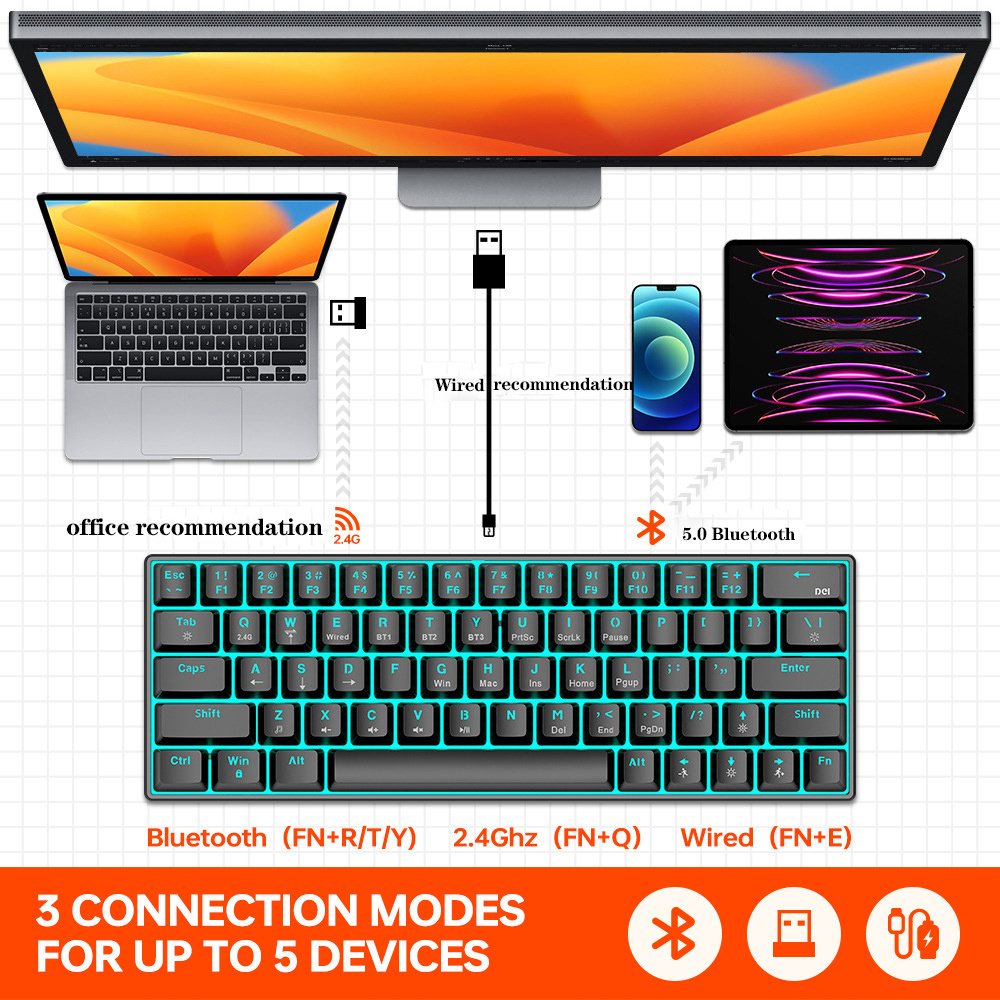 ergonomic 60% rgb backlight mini usb wire backlit mechan custom computer switch switches wireless mechanical gaming keyboard