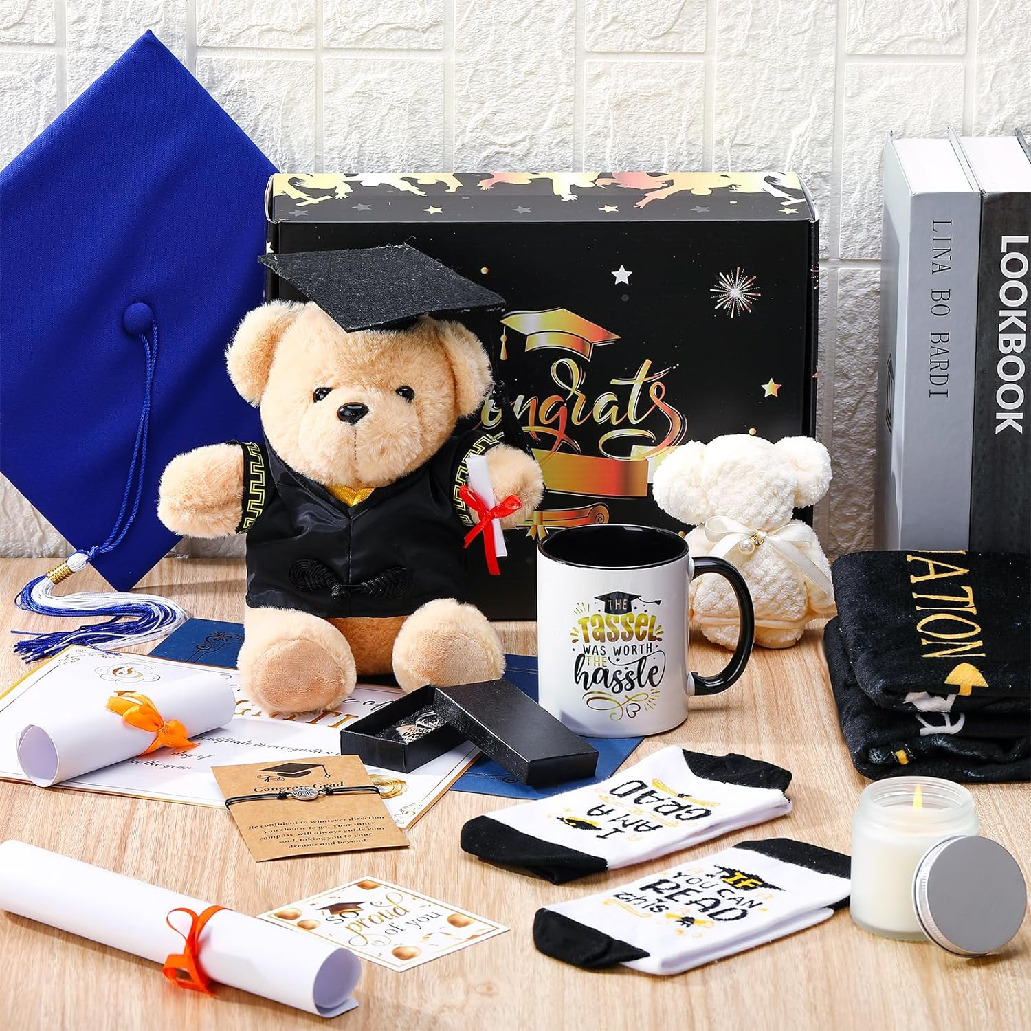 10 Pcs Graduation Gifts for Her Him 2024 College Congratulations Graduation Gifts Box Sets Blanket Bear Mug Key chain Candle