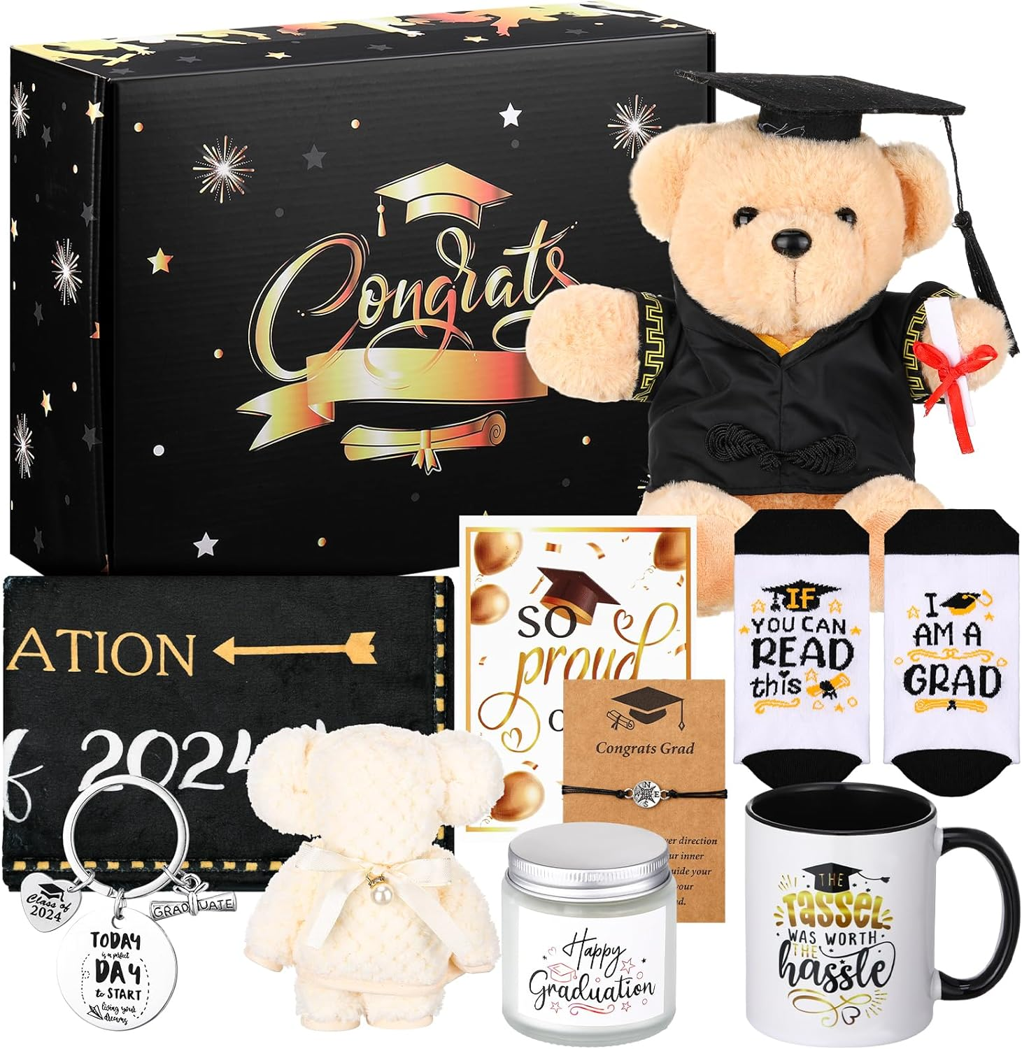 10 Pcs Graduation Gifts for Her Him 2024 College Congratulations Graduation Gifts Box Sets Blanket Bear Mug Key chain Candle