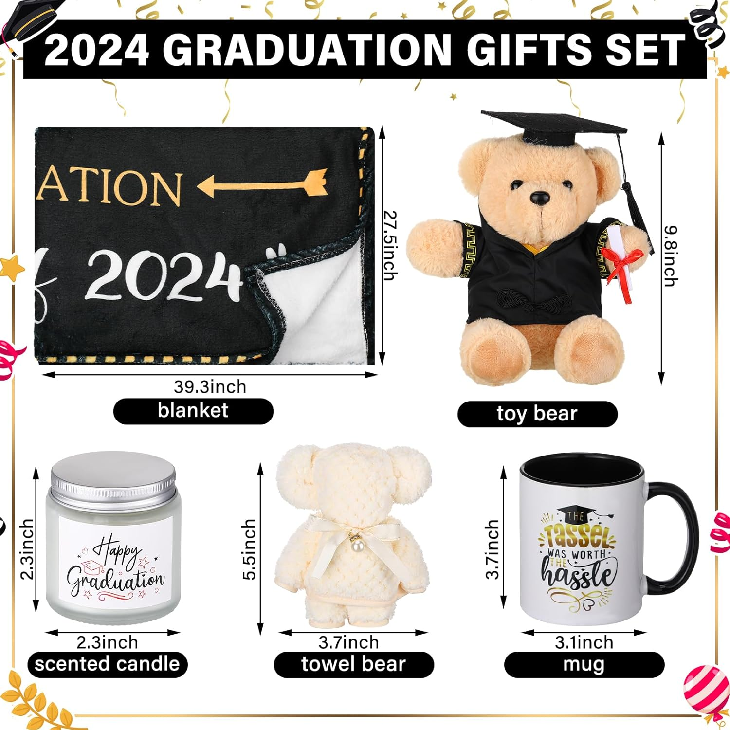 10 Pcs Graduation Gifts for Her Him 2024 College Congratulations Graduation Gifts Box Sets Blanket Bear Mug Key chain Candle